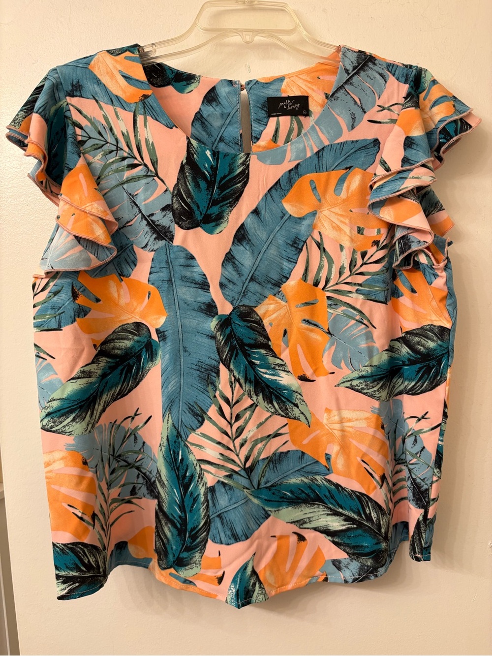 Milk & Honey Ruffled Tropical Leaf Blouse - Pink Teal Orange